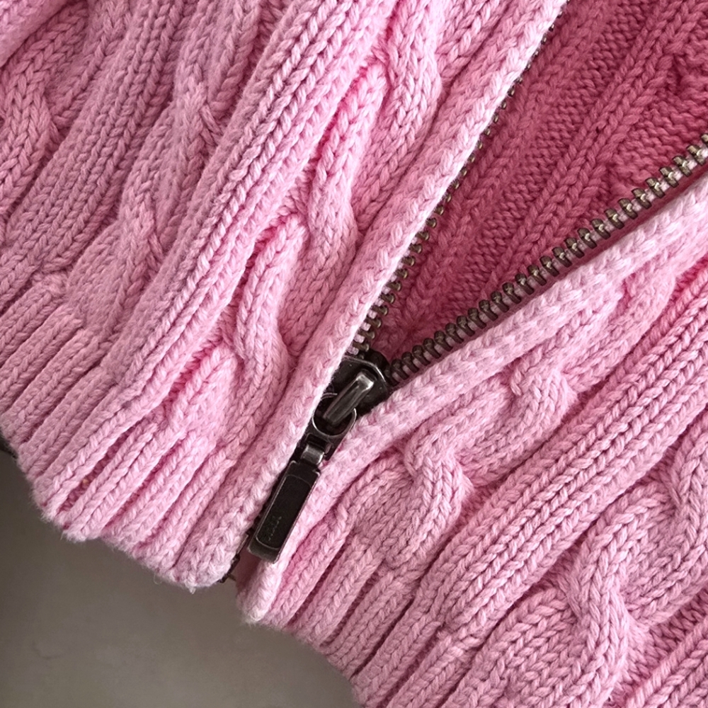 Women's LL Bean Pink Cable Knit Zip Up Cardigan Cotton Sweater XL - Picture 2 of 6